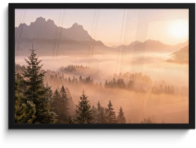 Poster in lijst - Fotolijst 60x40 cm - Posters - Zonlicht - Mist - Bergen - Bomen - Posterlijst zwart - Decoratie - Wanddecoratie woonkamer - Muurdecoratie slaapkamer