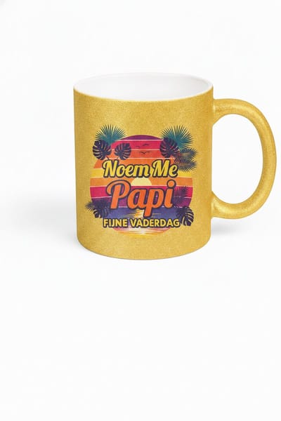 Vaderdag Mok 'Noem Me Papi, Fijne Vaderdag' – Tropische Zonsondergang – Glitter Mok Goud – Cadeau Papa – Keramiek 330 ml