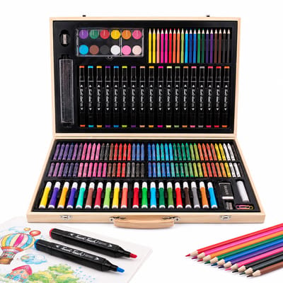 Gloovon® Tekenkoffer - 162-delige Tekenset - Inclusief Houten Koffer - Kleurpotloden & Waterverf - Hobbypakket voor Kinderen