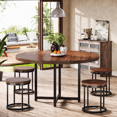 Ronde Eettafel 120 cm - Industriële Keukentafel voor 4 tot 6 Personen - Rustiek Bruin Houtlook met Zwart Metalen X-Frame - 120x120x75 cm - Vermissen