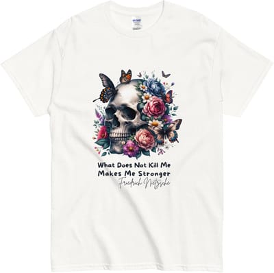 Inspirerend Tshirt met Doodshoofd en Vlinders - Quote: Makes me Stronger - Vrouwen en Mannen - Wit - M