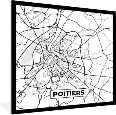 Fotolijst incl. Poster Zwart Wit- Frankrijk - Plattegrond - Poitiers - Stadskaart - Kaart - Zwart wit - 40x40 cm - Posterlijst