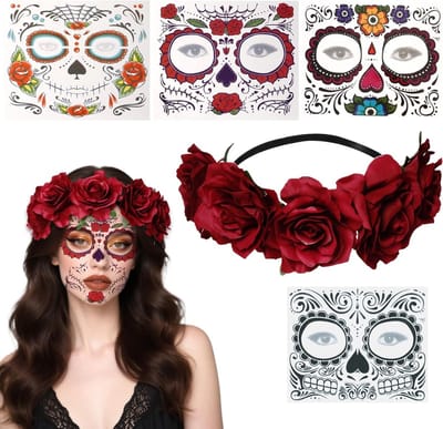 Dodenfeest Hoofdband met Rozen en Tijdelijke Gezichts Tattoo voor Vrouwen - Perfecte Halloween Kostuum Accessoires in Wijnrood