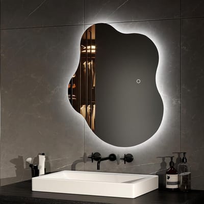 Badkamer Spiegel met LED Verlichting 50 x 60 cm, Anti-condens, Asymmetrische Design, 3 Lichtkleuren en Geheugenfunctie
