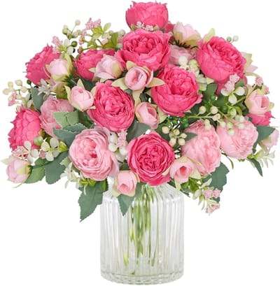 Dailygoods- Kunstbloemen 4 Bundels - Kunstpioenrozen/Bessen - Bruiloft/Tafeldecoratie - Woondecoratie - Kunstboeket - Unieke Combinatie - Nep Bloemen