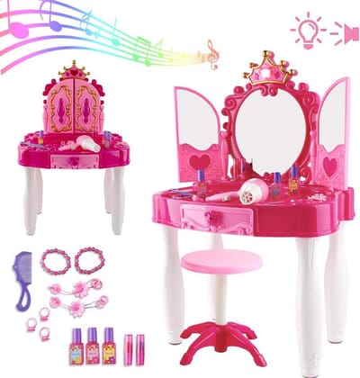 Glamour Mirror Makeup Table - Vanity Dressing Table with Light & Music, Stool, Great Gift for Kids