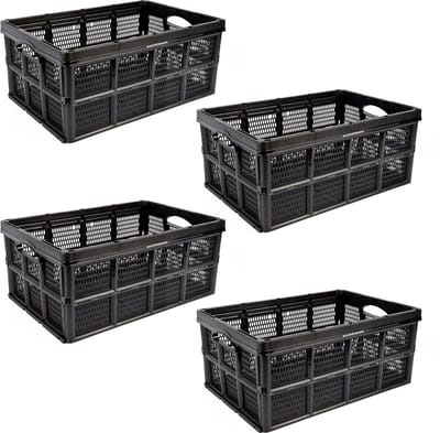 Slimme Stapelbare Vouwkrat 32 Liter voor Georganiseerde Garage - Set van 4 Zwarte Klapkratten met Handgrepen - 48x35x24cm - Multifuntioneel & Durzaam