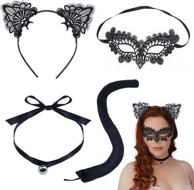 Dailygoods- Kattenkostuum Set - Kanten Masker - Kattenoren Hoofdband