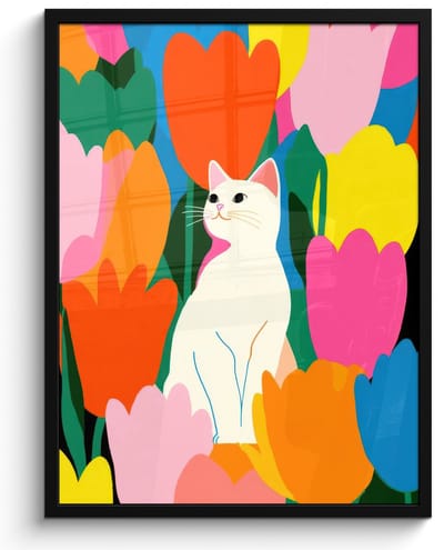 Poster in lijst - Fotolijst 60x80 cm - Posters - Tulpen - Kat - Kleurrijk - Posterlijst zwart - Decoratie - Wanddecoratie woonkamer - Muurdecoratie slaapkamer