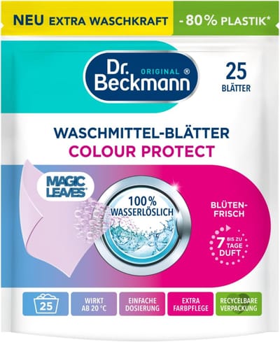 Dr. Beckmann Magic Leaves Colour - Wasmiddelbladen, voorgedoseerde en in water oplosbare wasbladen, ruimtebesparend en gemakkelijk te gebruiken, 25 vellen