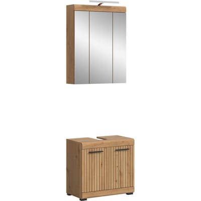 Badcombinatie met spiegelkast en verlichting - Compacte 2-delige set - Zwarte artisan look - 60x191x34cm