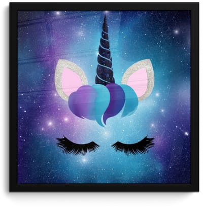 Poster in lijst - Fotolijst 40x40 cm - Posters - Eenhoorn - Sterren - Magisch - Blauw - Posterlijst zwart - Decoratie - Wanddecoratie woonkamer - Muurdecoratie slaapkamer