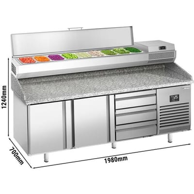 GGM Gastro Pizzakühltisch Premium PLUS - 1980x700mm - mit 2 Türen & 3 Schubladen - inkl. Kühlaufsatzvitrine - 9x GN 1/4