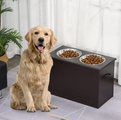 HAUSS SPOLE Voerbak – Verhoogd Voerstation Met Opbergruimte – 60 x 30 x 41 cm – MDF En RVS – Bruin – Dubbele Voerbak Voor Hond En Kat
