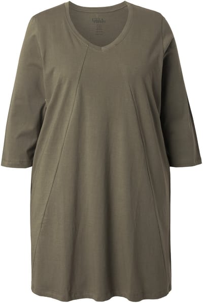 Ulla Popken - Dames - Longshirt siernaden A-lijn V-hals 3/4-mouw - Lodengroen - Maat 46+