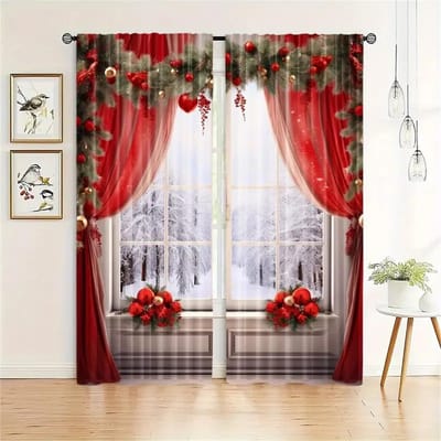 Kerstgordijnen 3D Sneeuwpop Sneeuwscène Print Rood Slaapkamerpanelen Vakantiedecoratie 2 Panelen Kerst Raamgordijnen 50W130H(CM)X2PCS&HooK