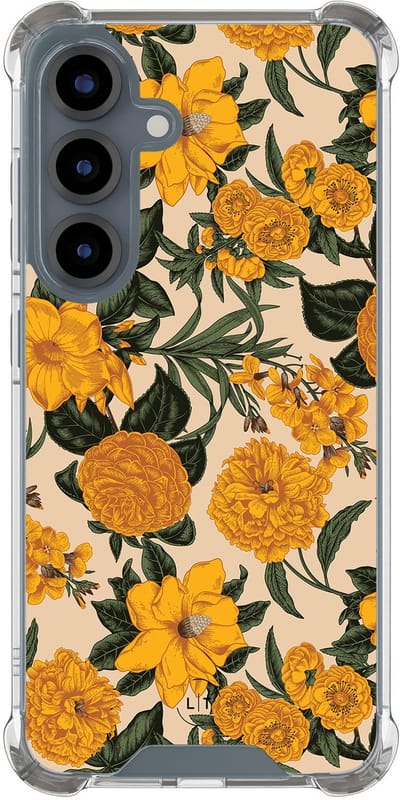 Shockproof hoesje - Geschikt voor Samsung Galaxy S25 - Retro flowers - Extra sterke case - TPU/polycarbonaat - Bloemen - Oranje, Transparant