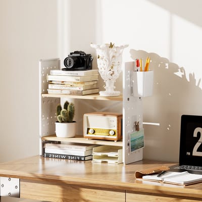 EGGREE Kleine vrijstaande plank met 2 niveaus - Bureauplank met haken en opbergbakken - Kleine plank voor keuken- slaapkamer - studeerkamer en kantoor - wit - 40×15×40 cm