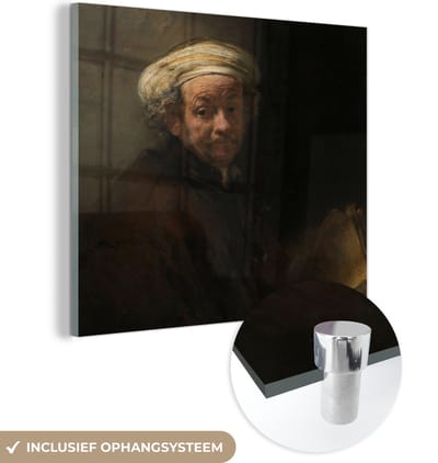 MuchoWow® Glasschilderij 50x50 cm - Schilderij acrylglas - Zelfportret als de apostel Paulus - Schilderij van Rembrandt van Rijn - Foto op glas - Schilderijen