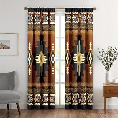 2 stuks Azteekse Gordijnen, Boho Gypsy Etnisch Zuidwestelijk Geometrisch Raambekleding voor Woonkamer, Boerderij Stam Navajo Native 210x230cm brown