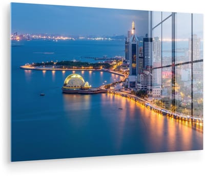 ® Glasschilderij 180x120 cm - Schilderij acrylglas - Nachtscène van de stad Qingdao in China - Foto op glas - Muurdecoratie woonkamer - Wanddecoratie slaapkamer - Schilderijen