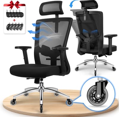 Ergonomische Bureaustoel - Bureaustoel - Bureaustoelen voor Volwassenen - met Verstelbare Hoofdsteun, Armleuningen en Lendensteun - 150 Kg - Zwart