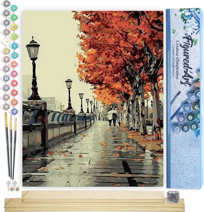 Figured'Art Schilderen op Nummer Volwassenen canvas Herfstkleuren in Parijs - Handwerk acrylverf Kit DIY Compleet - 40x50cm met DIY houten lijst