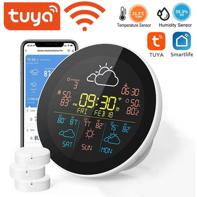 Horloge météo intelligente WiFi Tuya Prévisions météo sur 3 jours Station météo Thermomètre sans fil 3pcs sub sensors multicolore