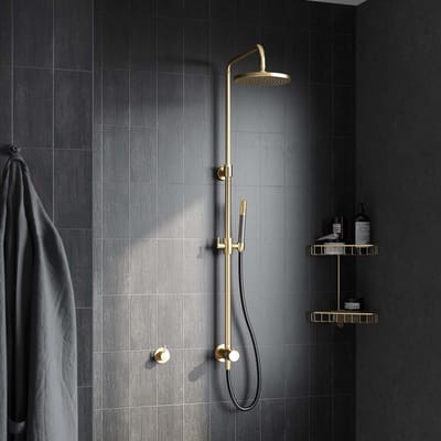 Hotbath Cobber M538 opbouw regendoucheset zonder mengkraan met ronde handdouche en 30cm ronde hoofddouche aan glijstang geborsteld messing