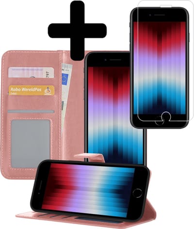 Hoesje - Met Screenprotector - Geschikt voor Apple iPhone SE (2022) - Luxe Pasjeshouder - Bookcase Portemonee - Flip Case - Kunstleer Book Case - Flipcase - Book Cover - Walletcase - Portemonneehoes - Telefoonhoesjes - Lichtroze