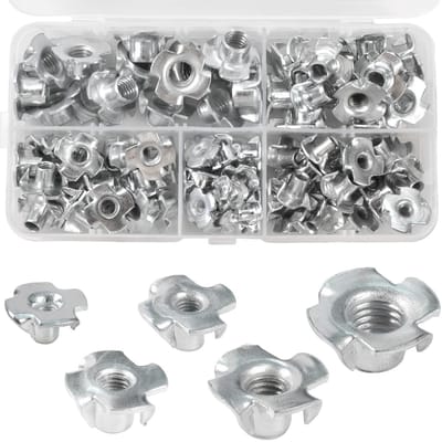 Set van 90 Impact Nuts met 4 Impact Tips - Assortiment T Schroefmoeren M3 M4 M5 M6 M8 voor Houtbewerking en Meubelmakerij, Inclusief Galvanized Carbon Steel Schroeven en Accessoires