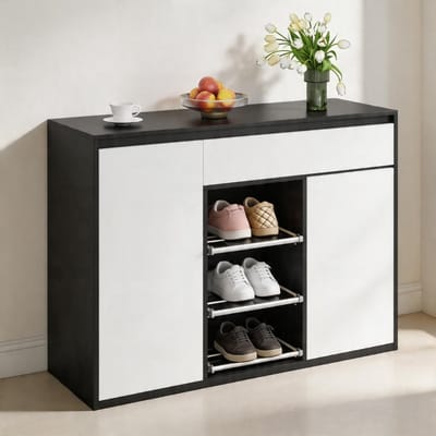 KOMHTOM - Schoenenkast - Twee deuren en een lade - Verstelbaar schoenenrek - Met LED - Ruimte voor 12–17 paar schoenen - Kleur: Zwart-wit modern - Voor hal