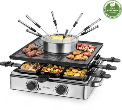 Blokker Raclette Grill - Gourmetset - Kaasfondue - 8 Pannen - Indicatielampje - Regelbare thermostaat - ILAG Coating - Aluminium grill - 8 spatels - Fondueset - 1500W - RG-131577.2 Zwart