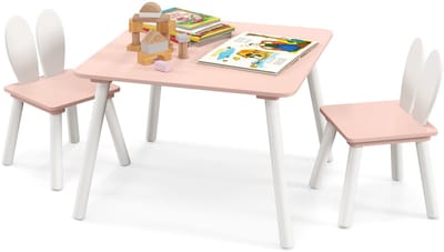 COSTWAY Kindertafel met 2 stoelen, 3-delig. Kinderzitgroep met massief houten poten & hazenoren rugleuning, vierkante speeltafel, kindermeubel kinderzitgarnituur voor 3-6 jaar kinderen (roze)