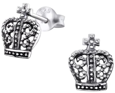 Joy|S - Zilveren kroon oorbellen - 8 x 9 mm - geoxideerd - kroontje oorknoppen