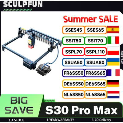 SCULPFUN S30 Pro Max 20W lasergraveersnijmachine, automatische luchtondersteuning, 0,08 x 0,1 mm laserfocus, 32-bits moederbord, vervangbare lens, graveergrootte 410 x 400 mm, uitbreidbaar tot 935 x 905 mm