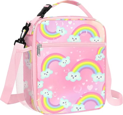 SnelShoppen - Grote Geïsoleerde Regenboog Lunchtas voor Meisjes - Thermische Koeltas - Roze - Perfect voor Picknick, School, Buitenspeelgoed
