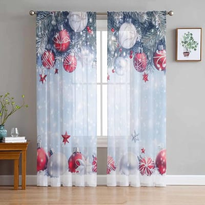 Kerst Sneeuwbal Transparante Gordijnen voor Woonkamer Decoratie Raamgordijnen Keuken Tule Voile Gordijnen W135 x H115cm x1 white