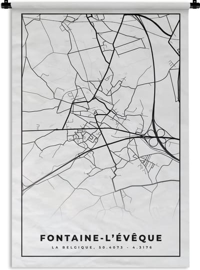 Wandkleed - Wanddoek - België – Fontaine l'Évêque – Stadskaart – Kaart – Zwart Wit – Plattegrond - 120x180 cm - Wandtapijt