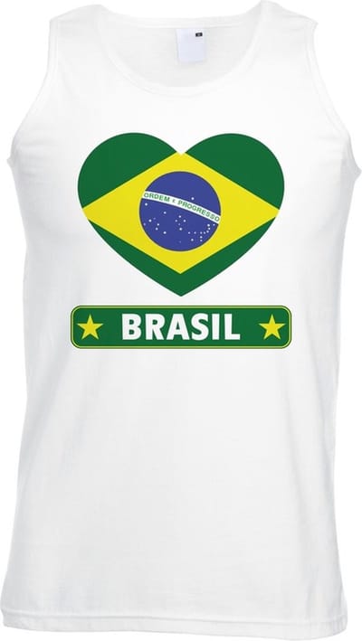 Brazilie singlet shirt/ tanktop met Braziliaanse vlag in hart wit heren S