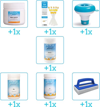 Zwembad Onderhoudspakket - Onderhoud Zwembad - bevat Chloor - Testrips - Chloordrijver - Chloor - PH-min - PH-plus en Scrubborstel (7-delig)