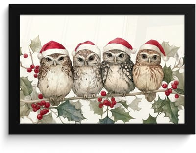 Poster in lijst - Fotolijst 30x20 cm - Posters - Uilen - Tak - Hulstblaadjes - Kerstmuts - Posterlijst zwart - Decoratie - Wanddecoratie woonkamer - Muurdecoratie slaapkamer - Kerstversiering - Kerstdecoratie voor binnen - Kerstmis