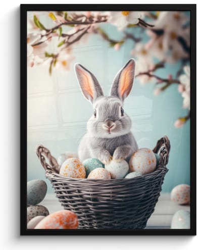 Poster in lijst - Fotolijst 50x70 cm - Posters - Konijn - Eieren - Mand - Posterlijst zwart - Decoratie - Wanddecoratie woonkamer - Muurdecoratie slaapkamer
