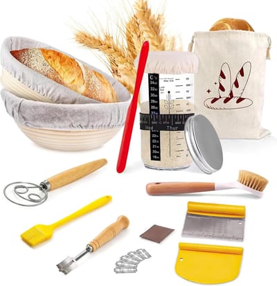 Lexium Zuurdesem starter set - Broodbakaccessoires Zuurdesemglas - Fermenteren - Rijsmand voor Broodbakken Set - Rijsmandje Rond