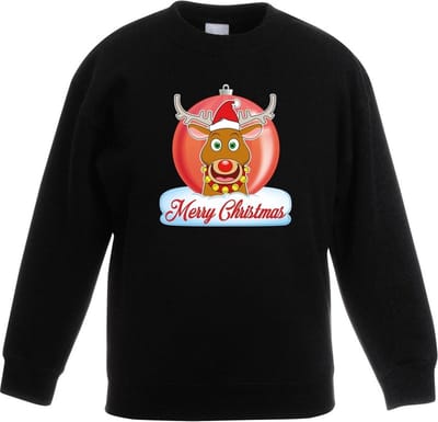 Kersttrui Merry Christmas rendier kerstbal zwart jongens en meisjes - Kerstruien kind 98/104