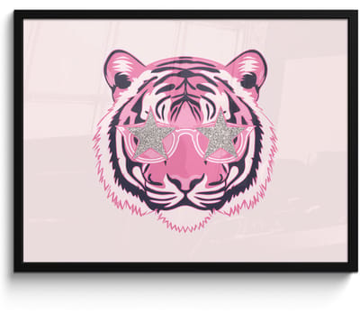 Poster in lijst - Fotolijst 70x50 cm - Posters - Tijger - Glitterzonnebril - Roze - Posterlijst zwart - Decoratie - Wanddecoratie woonkamer - Muurdecoratie slaapkamer