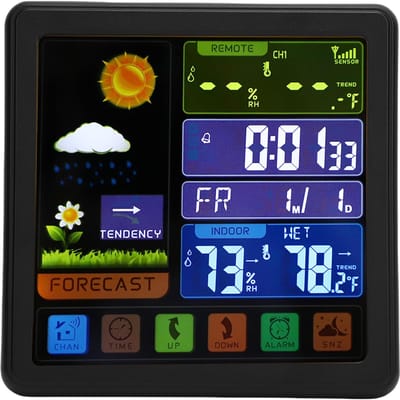 Draadloos Weerstation, Kleuren Touchscreen Weerklok, Binnen Buiten Thermometer Hygrometer met Afstandsbediening Sensor, TS-3310-BK (black) blue