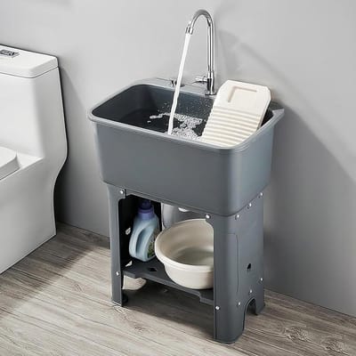 Wastafel met Waskom - Spoelbak Kunststof - Kleding Wassen - Inclusief Waskwambord - 60cm - Grijs