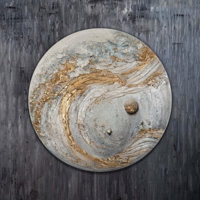 YS Schilderij - Handgeschilderd canvas schilderij - Wanddecoratie moderne Kunst - grijs en goud - Geometrisch - Muurdecoratie woonkamer - Slaapkamer decoratie - Kamer accessoires - schilderij Modern Met lijnen Round 60