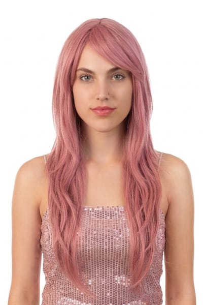 KIMU® Luxe Lange Pastel Roze Pruik Zeemeermin - Lichtroze Mermaid Lang Haarwerk Met Schuine Pony - Eenhoorn Unicorn Festival